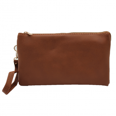 10015S- BROWN PU LEATHER TRI POCKET CLUTCH / CROSS BODY BAG